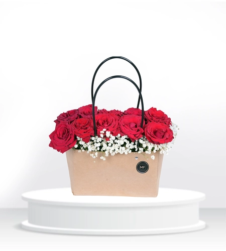 Classic Red Rose Elegance in a Brown Flower Bag