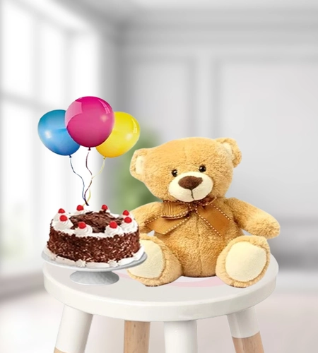 Cake with Balloons and Teddy Bear